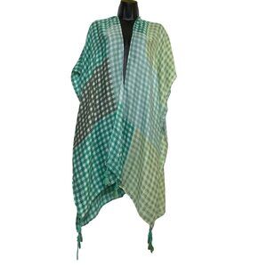 Green & White Gingham Check Lightweight Open Kimono Tassels Beach  Plaid‎ Boho